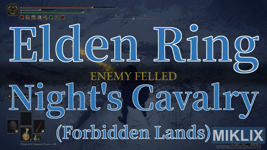 Screenshot from Elden Ring showing the defeat of the Night’s Cavalry in the snowy Forbidden Lands with “ENEMY FELLED” on screen. Screenshot from Elden Ring showing the defeat of the Night’s Cavalry in the snowy Forbidden Lands with “ENEMY FELLED” on screen.