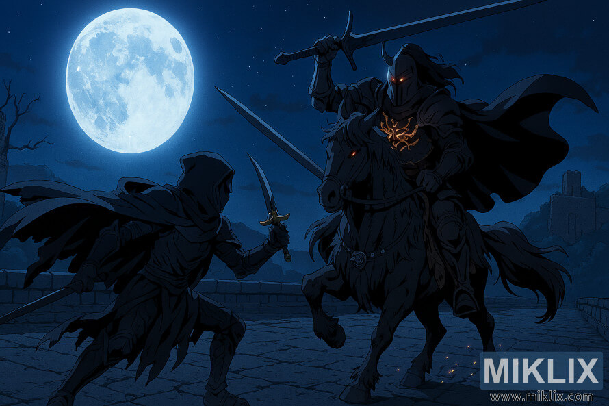 Batalha ao estilo anime entre Tarnished e Night's Cavalry em uma ponte iluminada pelo luar em Elden Ring. Batalha ao estilo anime entre Tarnished e Night's Cavalry em uma ponte iluminada pelo luar em Elden Ring.