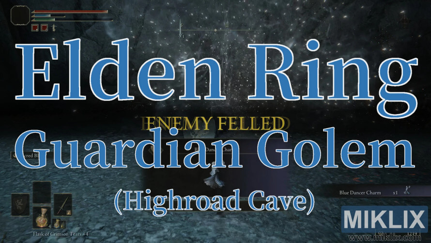 Elden Ring Guardian Golem defeated in Highroad Cave with loot reward.