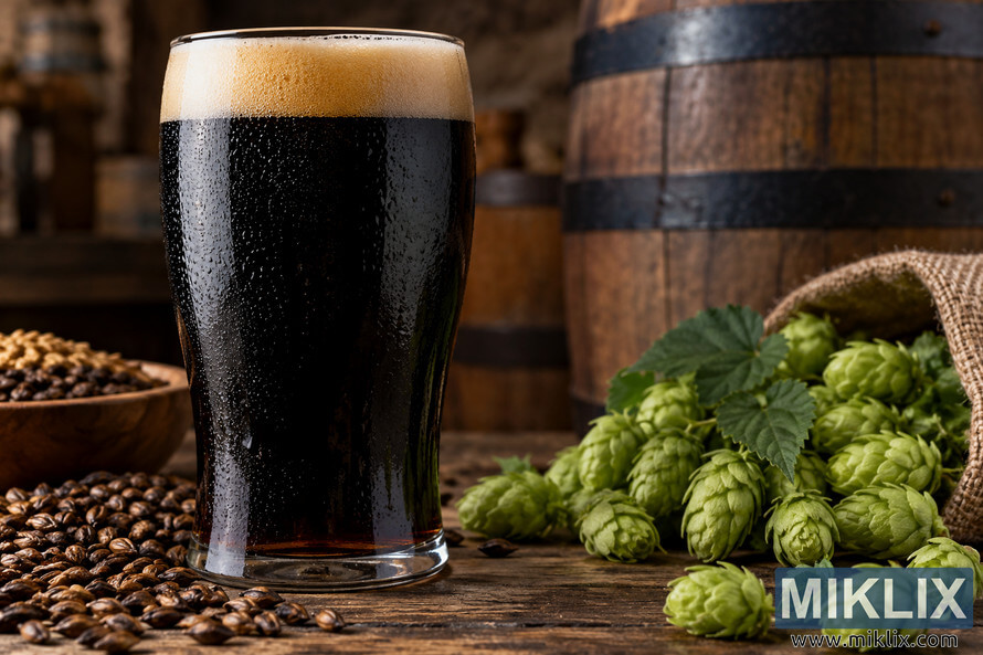 Cold dark stout with a creamy tan head beside fresh green hop cones and roasted malt on a rustic wooden table, with brewery barrels softly blurred in the background. Cold dark stout with a creamy tan head beside fresh green hop cones and roasted malt on a rustic wooden table, with brewery barrels softly blurred in the background.