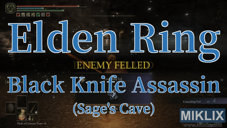 Elden Ring screenshot showing Black Knife Assassin defeated in Sage’s Cave.
