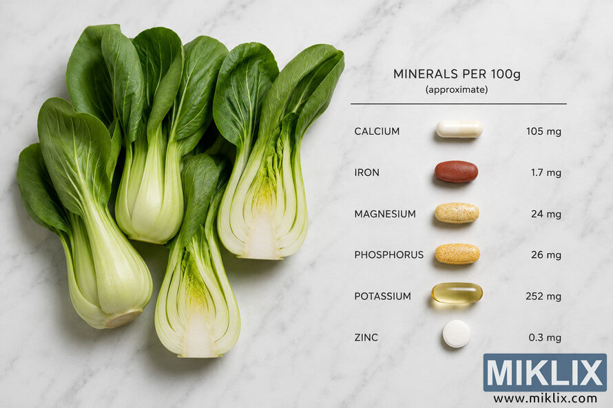 A high-resolution landscape flat lay showing fresh bok choy on the left and assorted unbranded supplement pills on the right, arranged beside a clean mineral comparison chart on a light marble background. A high-resolution landscape flat lay showing fresh bok choy on the left and assorted unbranded supplement pills on the right, arranged beside a clean mineral comparison chart on a light marble background.