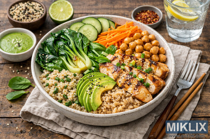 A high-resolution landscape photo of a healthy lunch bowl featuring bok choy, grains, and protein arranged beautifully on a rustic wooden table. A high-resolution landscape photo of a healthy lunch bowl featuring bok choy, grains, and protein arranged beautifully on a rustic wooden table.