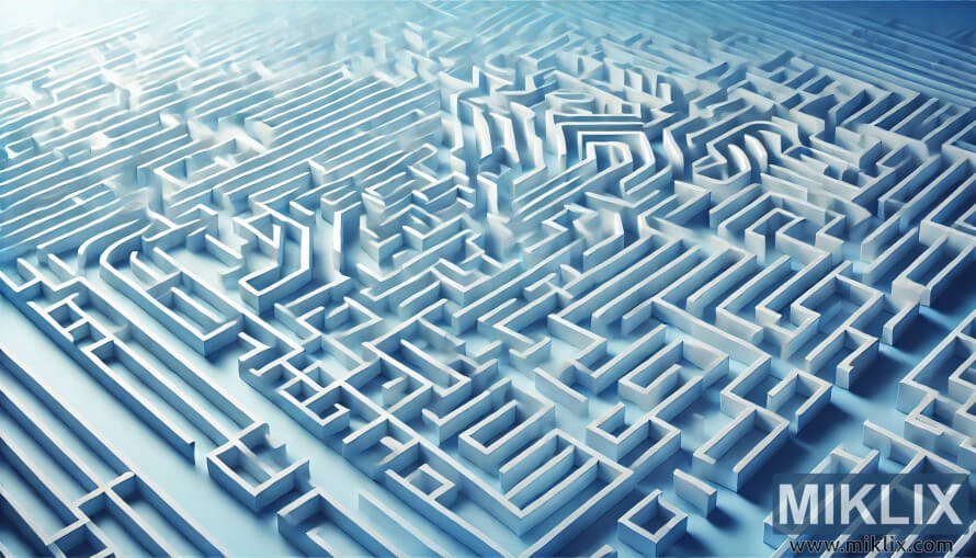 Laberint en 3D intricat amb parets blanques i camins sinuosos i infinits que s'esvaeixen en la distància. Laberint en 3D intricat amb parets blanques i camins sinuosos i infinits que s'esvaeixen en la distància.