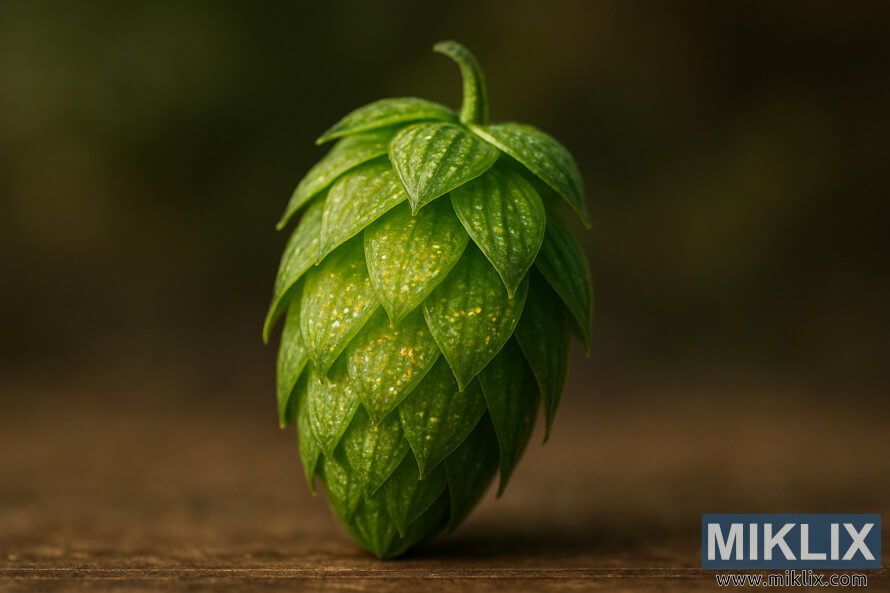 Makro posnetek storÅ¾a hmelja sorte Furano Ace z vidnimi lupulinskima Å¾lezama.