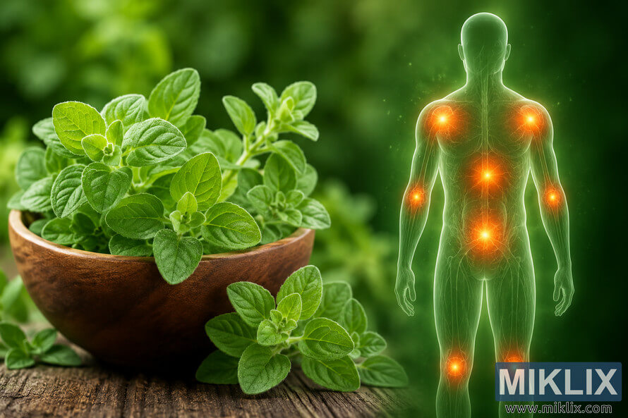 High-resolution landscape illustration showing fresh oregano leaves in a wooden bowl beside a glowing transparent human body outline with highlighted inflammation points in the joints and torso against a soft green natural background. High-resolution landscape illustration showing fresh oregano leaves in a wooden bowl beside a glowing transparent human body outline with highlighted inflammation points in the joints and torso against a soft green natural background.