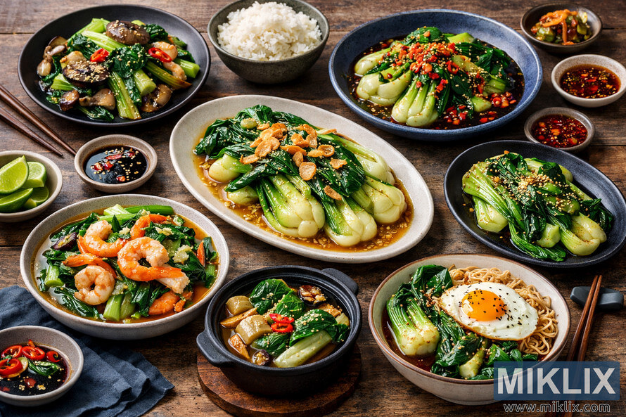 High-resolution photo of multiple finished bok choy dishes arranged on a rustic wooden table, including stir-fried bok choy with mushrooms and chilies, spicy garlic bok choy, garlic ginger bok choy on an oval plate, bok choy and shrimp stir-fry, a clay pot of bok choy with tofu and mushrooms in broth, grilled bok choy with sesame soy glaze, and a bowl of bok choy and noodles topped with a fried egg, surrounded by small dishes of sauces, pickled vegetables, lime wedges, steamed rice, and chopsticks. High-resolution photo of multiple finished bok choy dishes arranged on a rustic wooden table, including stir-fried bok choy with mushrooms and chilies, spicy garlic bok choy, garlic ginger bok choy on an oval plate, bok choy and shrimp stir-fry, a clay pot of bok choy with tofu and mushrooms in broth, grilled bok choy with sesame soy glaze, and a bowl of bok choy and noodles topped with a fried egg, surrounded by small dishes of sauces, pickled vegetables, lime wedges, steamed rice, and chopsticks.