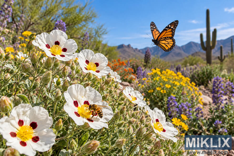 Desert Five-Spot flowers with burgundy spots and yellow centers in a desert garden, with a bee, butterfly, colorful wildflowers, cacti, and mountains. Desert Five-Spot flowers with burgundy spots and yellow centers in a desert garden, with a bee, butterfly, colorful wildflowers, cacti, and mountains.