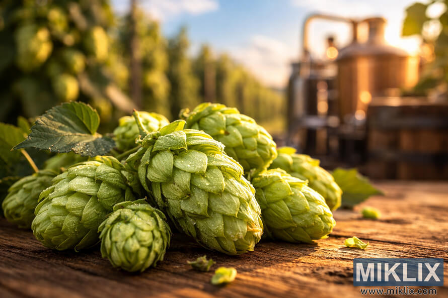 Close-up of vibrant green Hallertau Tradition hop cones with visible alpha acid glands on a wooden surface, with a blurred hop field and brewing equipment in the background under a blue sky. Close-up of vibrant green Hallertau Tradition hop cones with visible alpha acid glands on a wooden surface, with a blurred hop field and brewing equipment in the background under a blue sky.