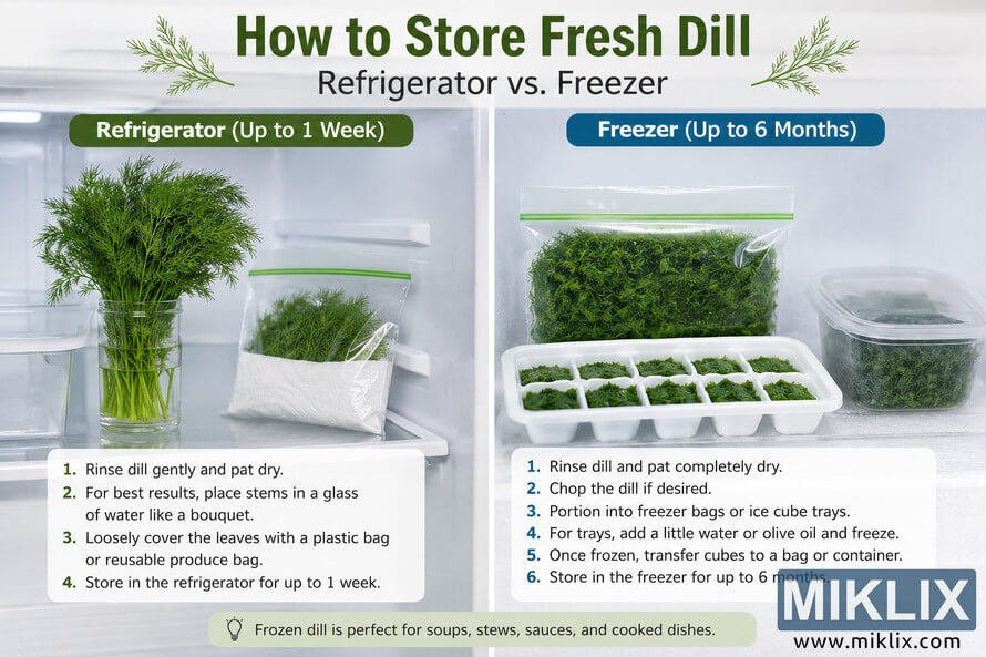 Landscape infographic comparing proper storage methods for fresh dill in a refrigerator and freezer. Landscape infographic comparing proper storage methods for fresh dill in a refrigerator and freezer.