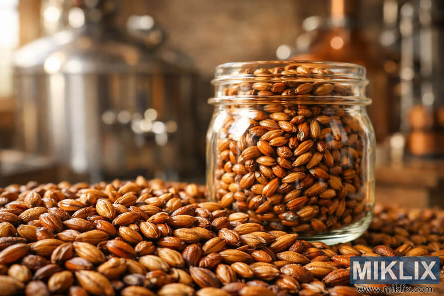 Close-up landscape photo of Munich Light, Cara Red, and Maris Otter malt grains with a glass jar in front of blurred brewing equipment.