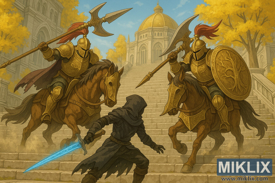 Ilustrasi bergaya anime yang menggambarkan Tarnished bertarung melawan dua Tree Sentinel yang memegang tombak di tangga menuju Leyndell di Elden Ring.