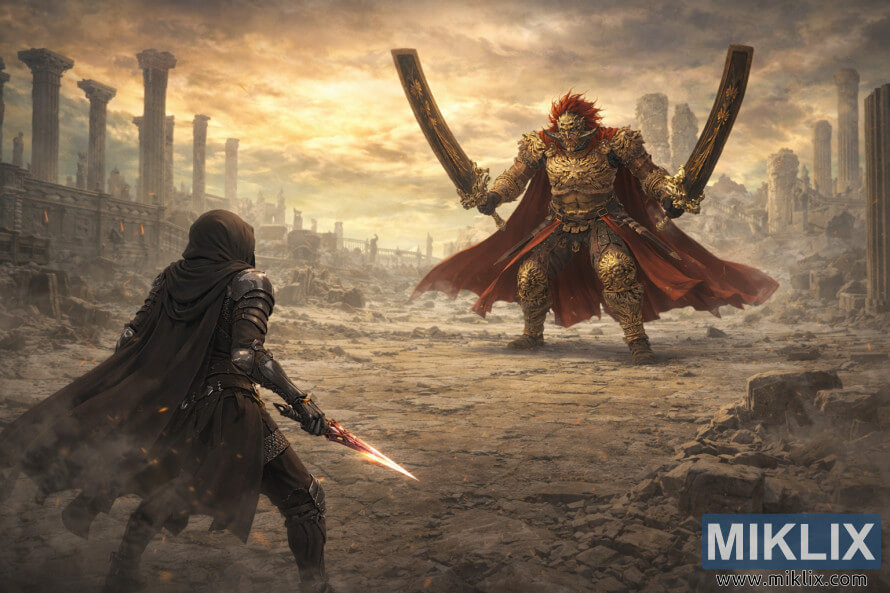 Wide anime-style scene of the Tarnished in Black Knife armor facing Promised Consort Radahn across the ruined battlefield of Enir-Ilim before combat begins.