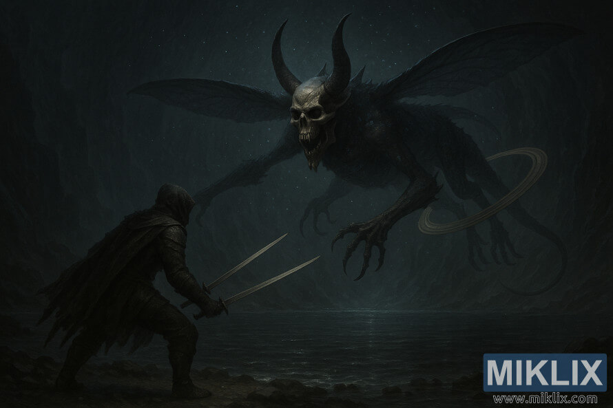 Une scÃ¨ne sombre de fantaisie oÃ¹ un guerrier Sans-Ã©clat fait face Ã  une crÃ©ature cosmique cornue et Ã  la mÃ¢choire mandibulaire flottant au-dessus dâun lac souterrain.