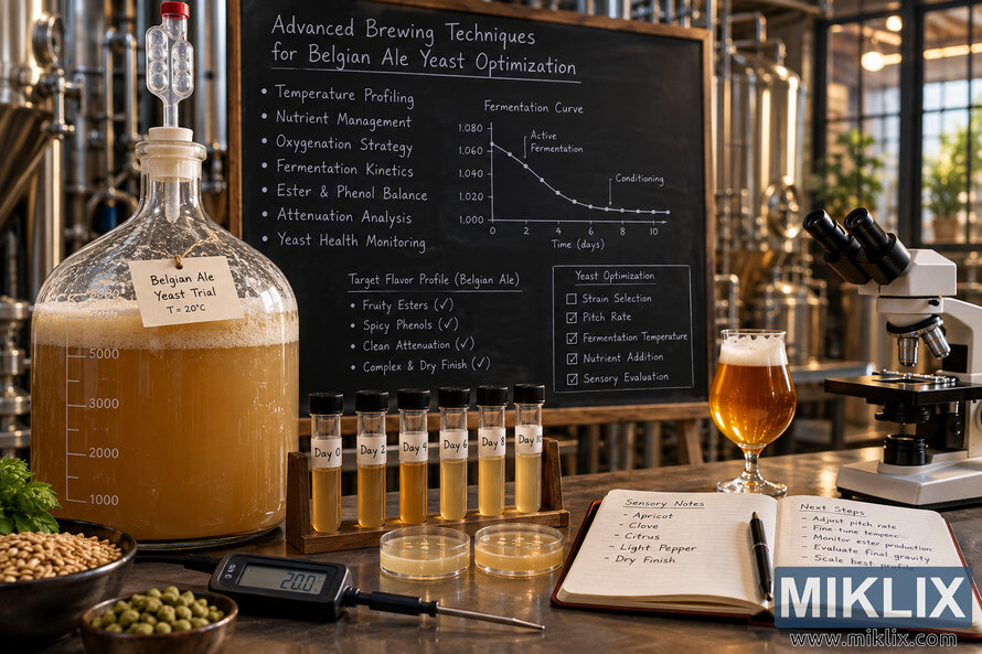 Belgian ale yeast optimization setup with fermenter, timed samples, microscope, thermometer, sensory notebook, beer glass, and fermentation chart in a brewery. Belgian ale yeast optimization setup with fermenter, timed samples, microscope, thermometer, sensory notebook, beer glass, and fermentation chart in a brewery.