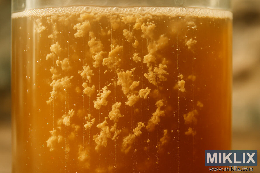 Duban kusa-kusa na ruwan amber mai haÆarÆari a cikin jirgin ruwan gilashi tare da tashi kumfa da yisti mai yawo. Duban kusa-kusa na ruwan amber mai haÆarÆari a cikin jirgin ruwan gilashi tare da tashi kumfa da yisti mai yawo.