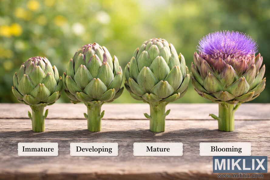 High-resolution photo showing four artichokes on a wooden surface, arranged left to right to illustrate immature, developing, mature, and blooming stages, with the final artichoke displaying a purple flower.