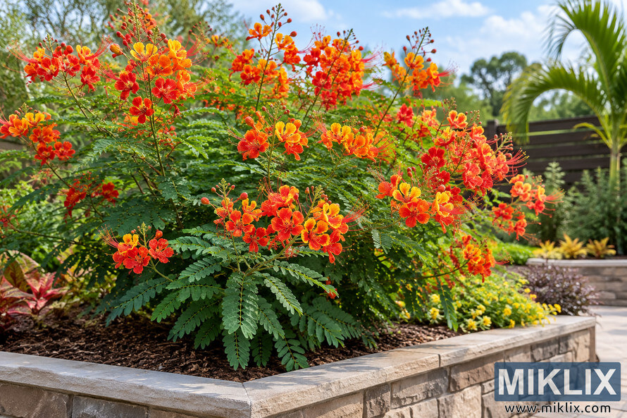 Lush Pride of Barbados covered in orange, red and yellow flowers growing in a stone raised bed beside a paved garden path. Lush Pride of Barbados covered in orange, red and yellow flowers growing in a stone raised bed beside a paved garden path.