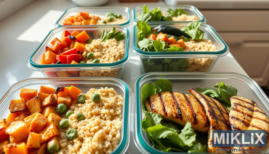 Lasiset aterianvalmistusastiat, jotka on tÃ¤ytetty paahdetuilla vihanneksilla, viljoilla, vihreillÃ¤ ja grillatulla kanalla.