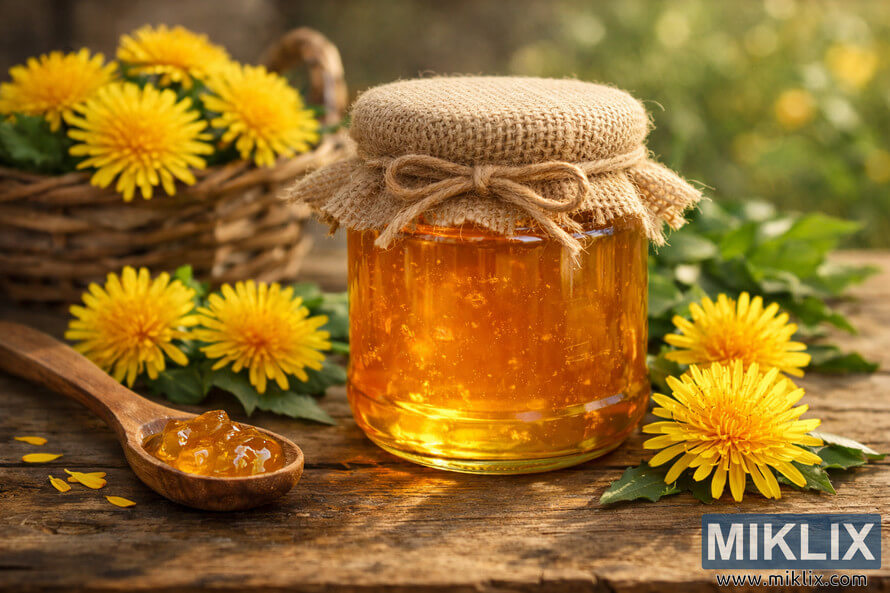 A glass jar filled with golden dandelion jelly placed on a rustic wooden surface surrounded by bright yellow dandelion flowers and a wooden spoon with jelly. A glass jar filled with golden dandelion jelly placed on a rustic wooden surface surrounded by bright yellow dandelion flowers and a wooden spoon with jelly.