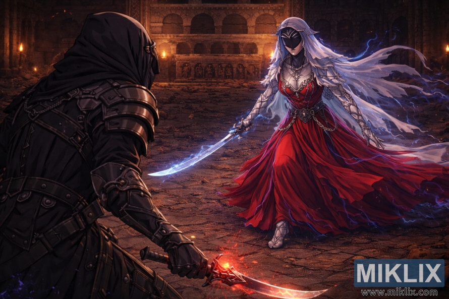 Over-the-shoulder anime-style view of the Tarnished facing the Dancer of Ranah at close range inside a ruined mausoleum just before combat.