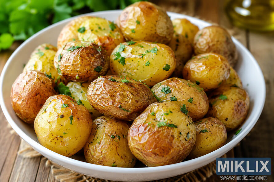 A bowl of properly cooked skin-on potatoes with lightly browned, intact skins, garnished with fresh herbs on a rustic wooden table, highlighting a wholesome and nutrient-preserving preparation. A bowl of properly cooked skin-on potatoes with lightly browned, intact skins, garnished with fresh herbs on a rustic wooden table, highlighting a wholesome and nutrient-preserving preparation.