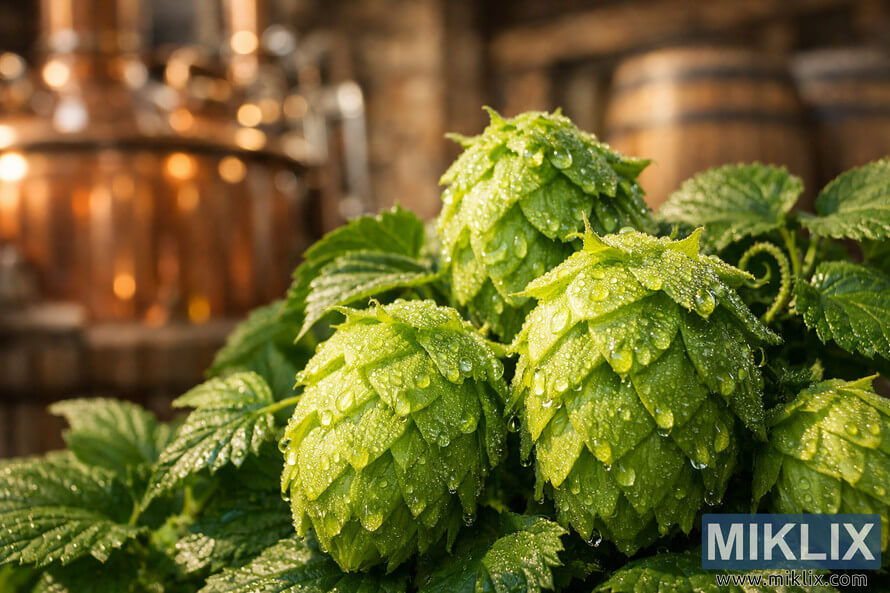 Close-up of vibrant green Nugget hop cones covered in dew with visible trichomes, set against a softly blurred rustic brewery with copper kettles and wooden barrels in warm natural light.