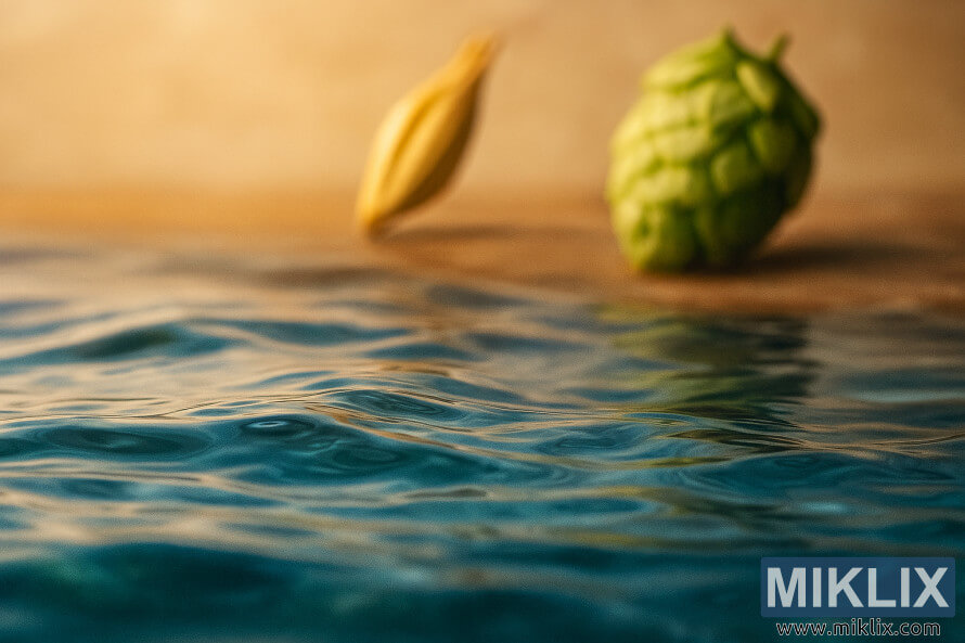 Klart krusande vatten med maltkorn och humlekott i varmt naturligt ljus