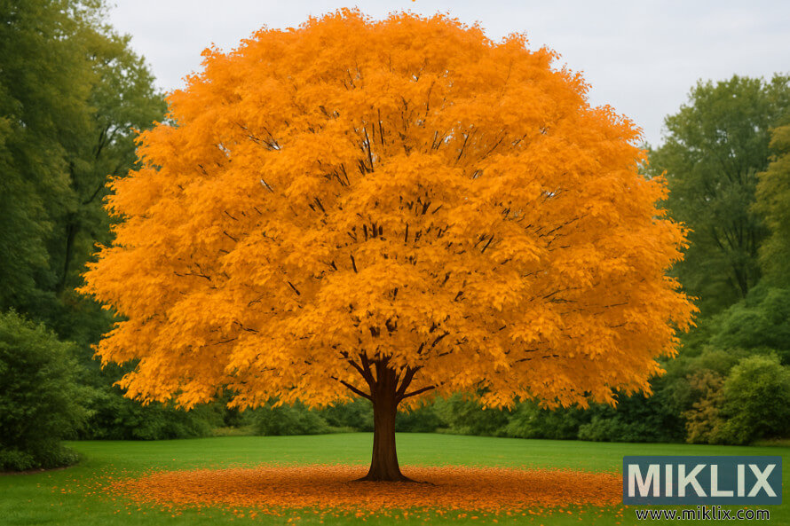Ãrable Ã  sucre au feuillage automnal orange dorÃ© et Ã  la canopÃ©e large et arrondie.