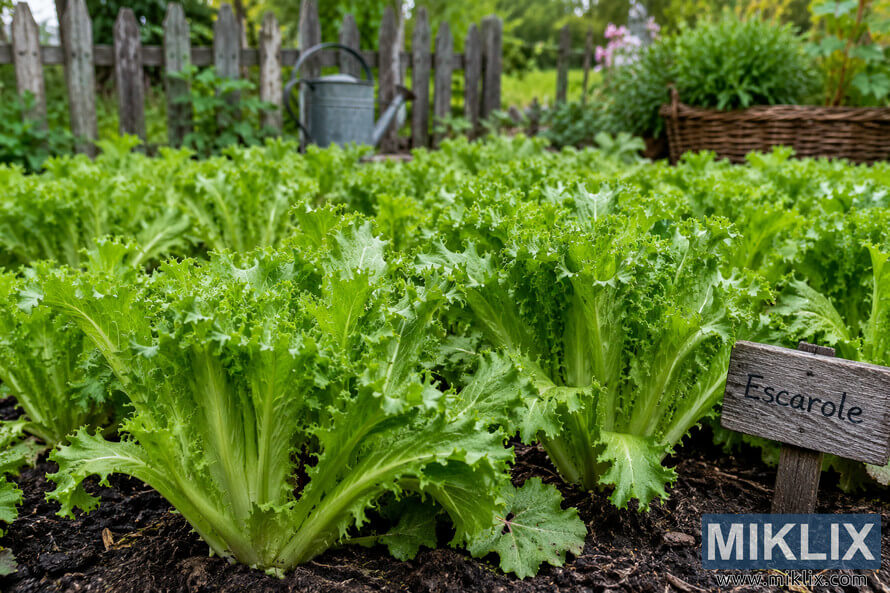 Fresh green escarole plants growing in dark soil within a rustic and cozy vegetable garden, surrounded by a weathered wooden fence, a vintage watering can, and a woven wicker basket under soft natural daylight. Fresh green escarole plants growing in dark soil within a rustic and cozy vegetable garden, surrounded by a weathered wooden fence, a vintage watering can, and a woven wicker basket under soft natural daylight.