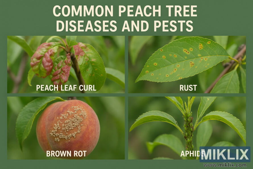 Uddannelsesguide, der viser almindelige sygdomme og skadedyr hos ferskentrÃ¦er, herunder krÃ¸llede ferskenblade, rust, brunrÃ¥d og bladlus pÃ¥ blade og frugt.