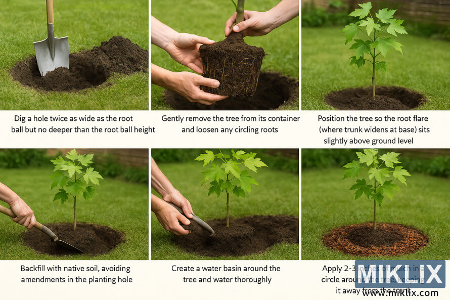 Image pÃ©dagogique en six Ã©tapes montrant comment planter correctement un jeune Ã©rable.