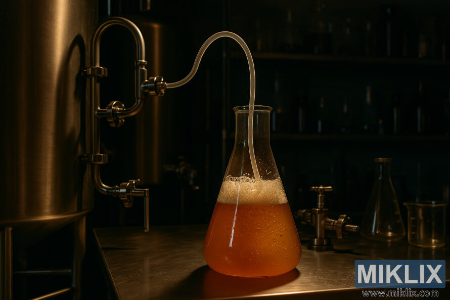 A glowing amber wort bubbles in a glass flask within a dim, stainless steel brewing lab. A glowing amber wort bubbles in a glass flask within a dim, stainless steel brewing lab.
