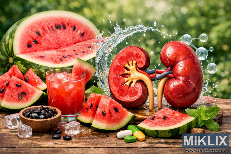 A detailed photograph showing fresh watermelon slices, a glass of watermelon juice, and anatomically accurate kidneys surrounded by water droplets and molecular structures, symbolizing hydration and kidney health benefits. A detailed photograph showing fresh watermelon slices, a glass of watermelon juice, and anatomically accurate kidneys surrounded by water droplets and molecular structures, symbolizing hydration and kidney health benefits.