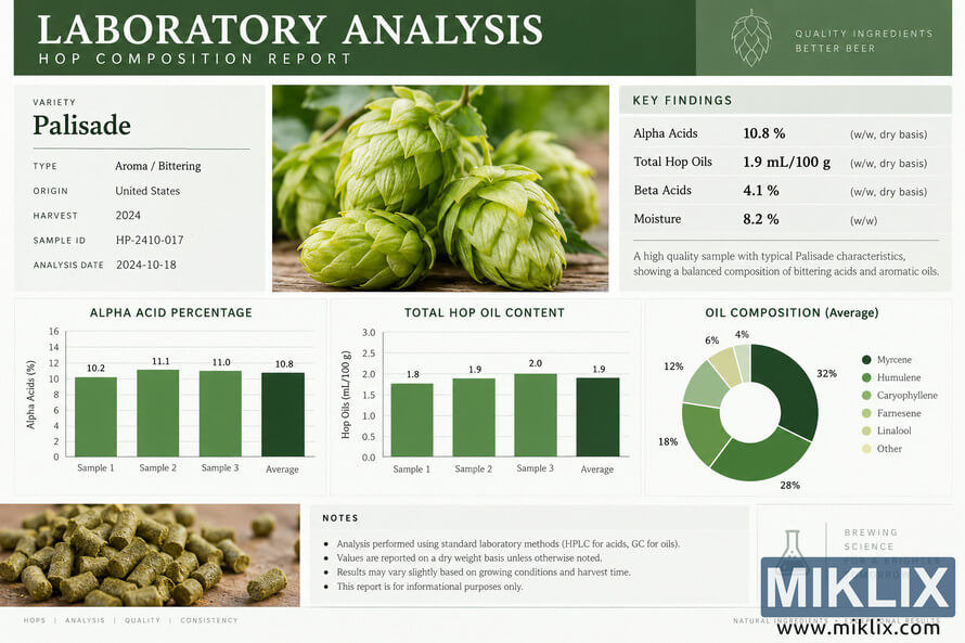 Landscape laboratory analysis infographic for Palisade hops, showing fresh green hop cones and processed hop pellets alongside scientific charts. Key findings report 10.8% alpha acids, 1.9 mL/100 g total hop oils, 4.1% beta acids, and 8.2% moisture. Bar charts compare alpha acid percentages and total oil content across three samples and their averages, while a donut chart shows the average oil composition, including myrcene, humulene, caryophyllene, farnesene, linalool, and other components. The report uses a clean white and green laboratory-style layout with generic brewing-science graphics and no commercial branding. Landscape laboratory analysis infographic for Palisade hops, showing fresh green hop cones and processed hop pellets alongside scientific charts. Key findings report 10.8% alpha acids, 1.9 mL/100 g total hop oils, 4.1% beta acids, and 8.2% moisture. Bar charts compare alpha acid percentages and total oil content across three samples and their averages, while a donut chart shows the average oil composition, including myrcene, humulene, caryophyllene, farnesene, linalool, and other components. The report uses a clean white and green laboratory-style layout with generic brewing-science graphics and no commercial branding.