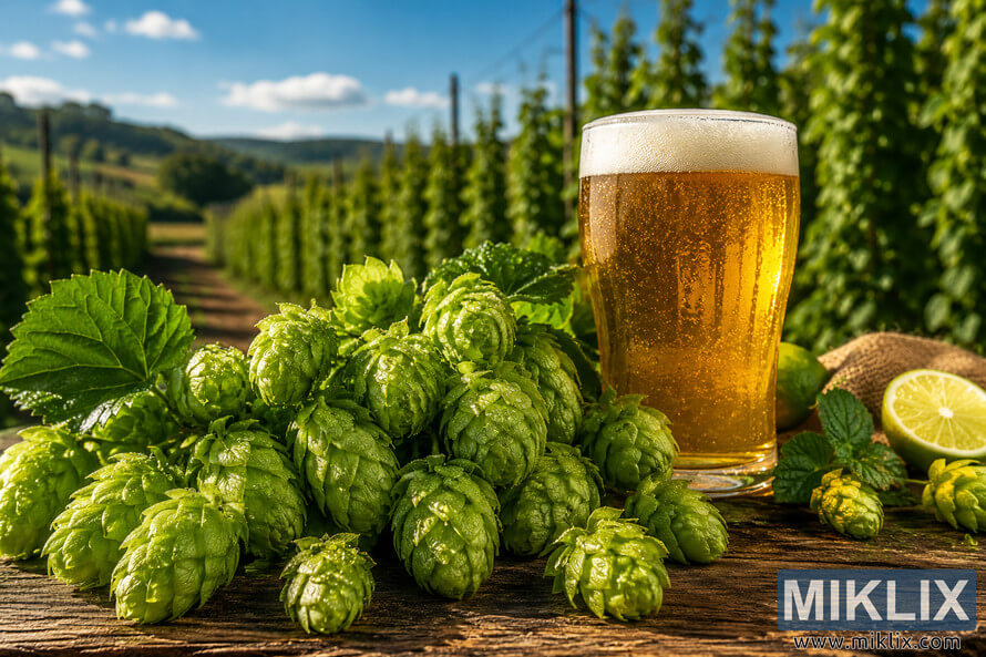 Landscape illustration featuring dew-covered green hop cones arranged on a rustic wooden table beside a glass of golden craft beer, with fresh green botanical accents and citrus elements in the foreground. A softly blurred hop field beneath a bright blue sky forms the background, while warm afternoon sunlight highlights the freshness of the ingredients and creates an inviting agricultural atmosphere. Landscape illustration featuring dew-covered green hop cones arranged on a rustic wooden table beside a glass of golden craft beer, with fresh green botanical accents and citrus elements in the foreground. A softly blurred hop field beneath a bright blue sky forms the background, while warm afternoon sunlight highlights the freshness of the ingredients and creates an inviting agricultural atmosphere.