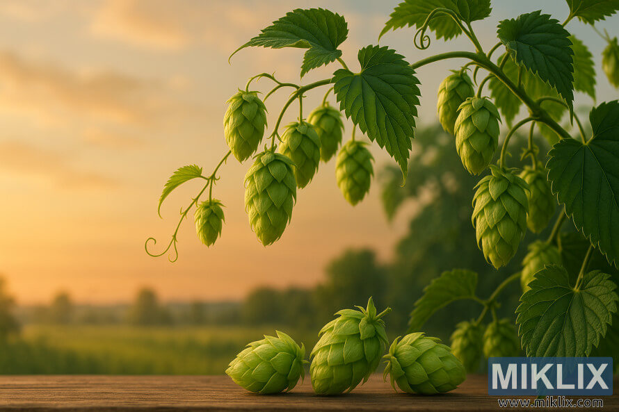 Lush kore Ahil hop bine tare da cikakken hop cones a kan wani dumin sa'a zinariya.