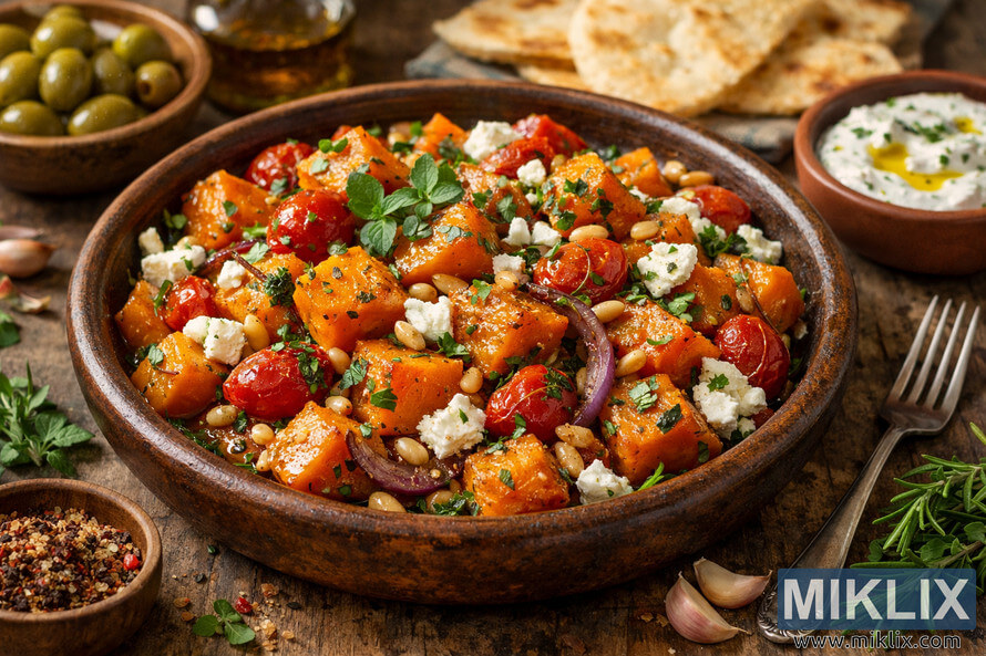 Mediterranean roasted pumpkin dish with herbs, feta, pine nuts, and cherry tomatoes served in a rustic earthenware bowl on a wooden table with olives, flatbread, and tzatziki in the background.
