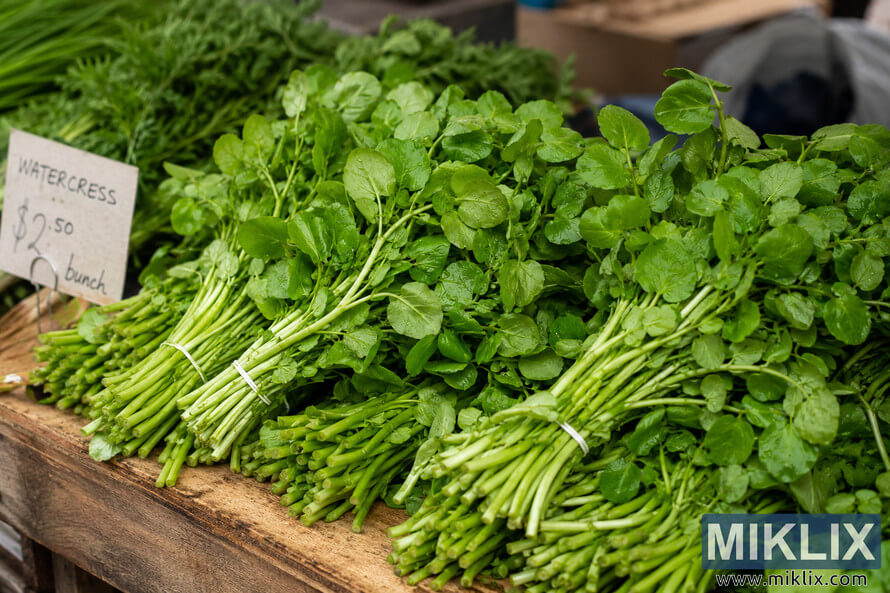 Fresh green watercress bunches stacked on a rustic wooden table at an outdoor farmers market, with dew-covered leaves and a handwritten price sign in soft natural light. Fresh green watercress bunches stacked on a rustic wooden table at an outdoor farmers market, with dew-covered leaves and a handwritten price sign in soft natural light.