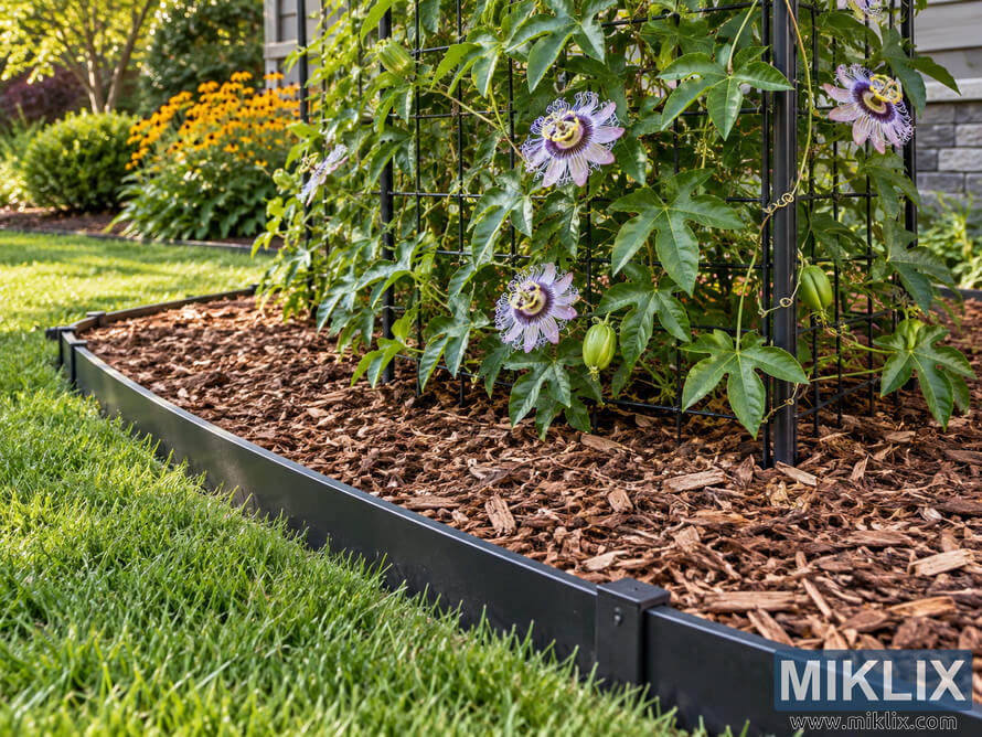 Maypop vine growing on a black trellis in a mulched garden bed bordered by dark edging beside a green lawn. Maypop vine growing on a black trellis in a mulched garden bed bordered by dark edging beside a green lawn.