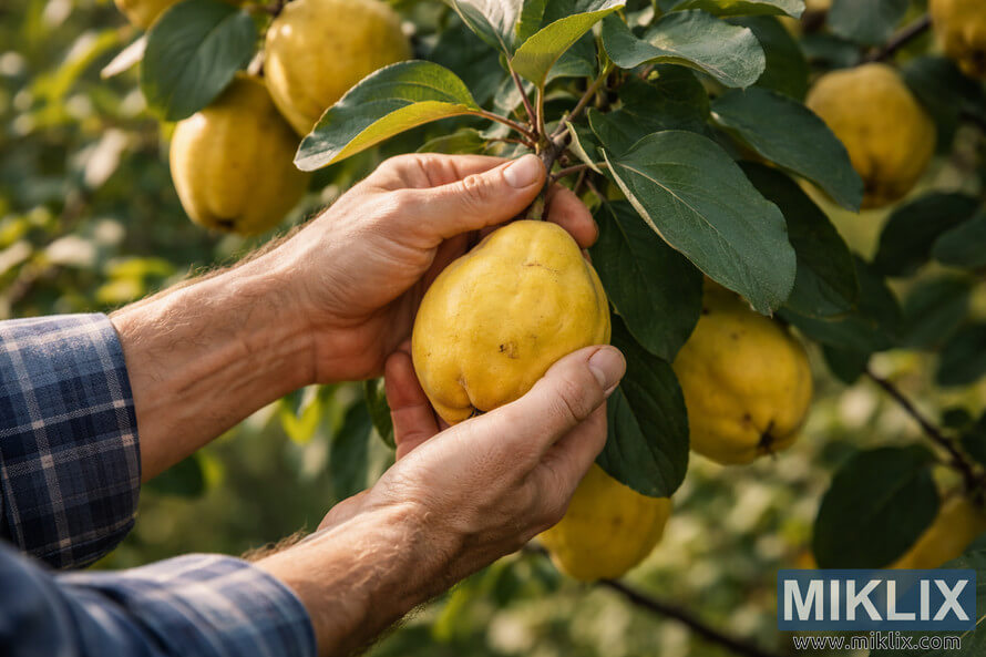Close-up of experienced hands gently supporting and twisting a ripe yellow quince from a leafy tree branch in a sunlit orchard, demonstrating correct harvesting technique.