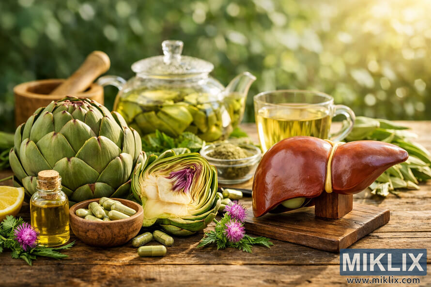 A rustic table scene featuring fresh artichokes, a model of a healthy liver, and artichoke tea symbolizing natural liver health and fatty liver disease prevention. A rustic table scene featuring fresh artichokes, a model of a healthy liver, and artichoke tea symbolizing natural liver health and fatty liver disease prevention.