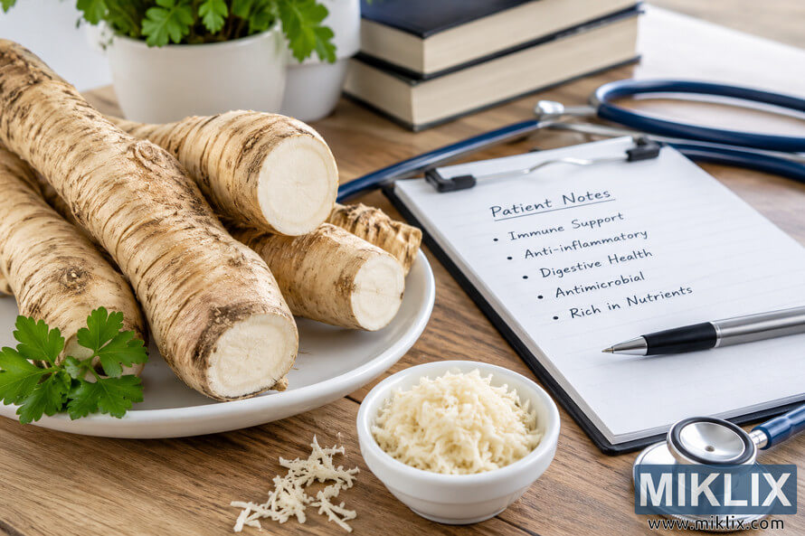 Landscape-oriented healthcare consultation scene featuring fresh horseradish roots, grated horseradish in a white bowl, handwritten medical notes about immune support, a stethoscope, books, and a small green plant on a wooden desk in natural light.