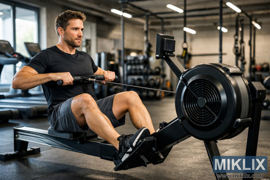 Person exercising on an indoor rowing machine in a bright, modern gym with cardio equipment in the background