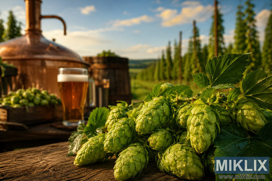 Close-up of fresh green Challenger hop cones covered with dew on a rustic wooden table, with a copper brewing kettle, a glass of golden beer, wooden barrels, and distant hop fields beneath a blue sky. The foreground is sharply focused while the background is softly blurred, creating a warm, nostalgic scene celebrating traditional craft brewing. Close-up of fresh green Challenger hop cones covered with dew on a rustic wooden table, with a copper brewing kettle, a glass of golden beer, wooden barrels, and distant hop fields beneath a blue sky. The foreground is sharply focused while the background is softly blurred, creating a warm, nostalgic scene celebrating traditional craft brewing.
