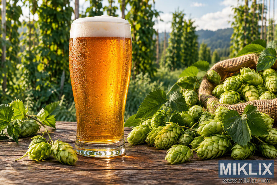 Cold golden craft beer in an unbranded glass beside fresh green hop cones and leaves on a rustic wooden table, with a sunlit hop field in the background. Cold golden craft beer in an unbranded glass beside fresh green hop cones and leaves on a rustic wooden table, with a sunlit hop field in the background.