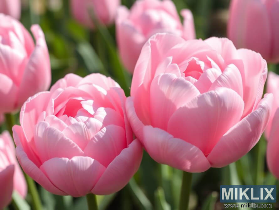 Gros plan de dÃ©licates tulipes rose pastel avec des pÃ©tales superposÃ©s ressemblant Ã  des pivoines dans un jardin printanier.