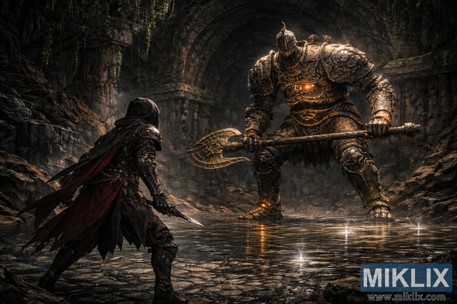 Rear view of a dark armored warrior confronting a towering glowing stone golem in a vast underground cavern with reflective water and stone arches.