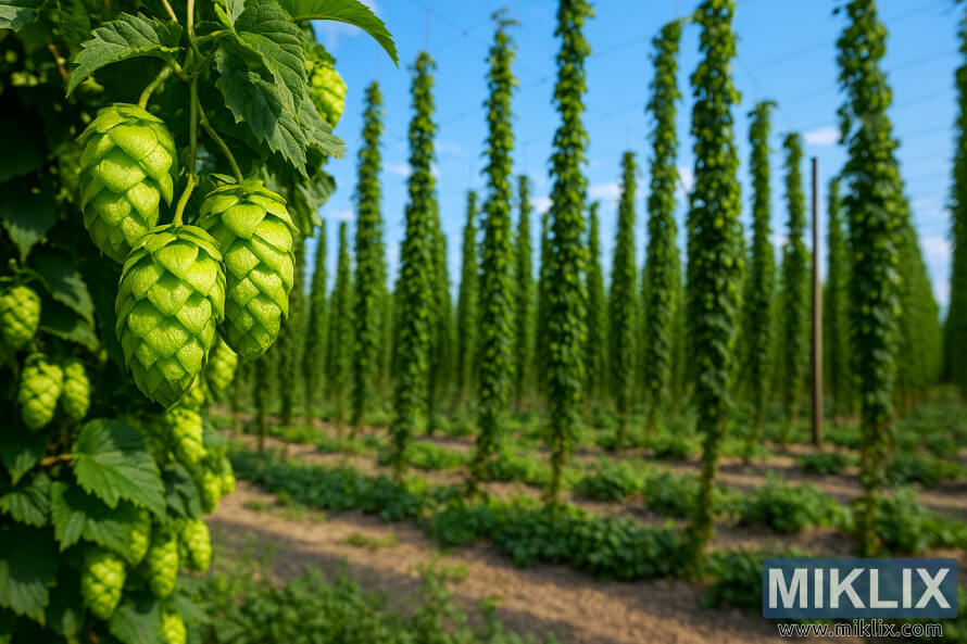 Pamje nga afër e koneve të humulusit Cascade me rreshta bimësh humulusi të ngritura në sfond Pamje nga afër e koneve të humulusit Cascade me rreshta bimësh humulusi të ngritura në sfond