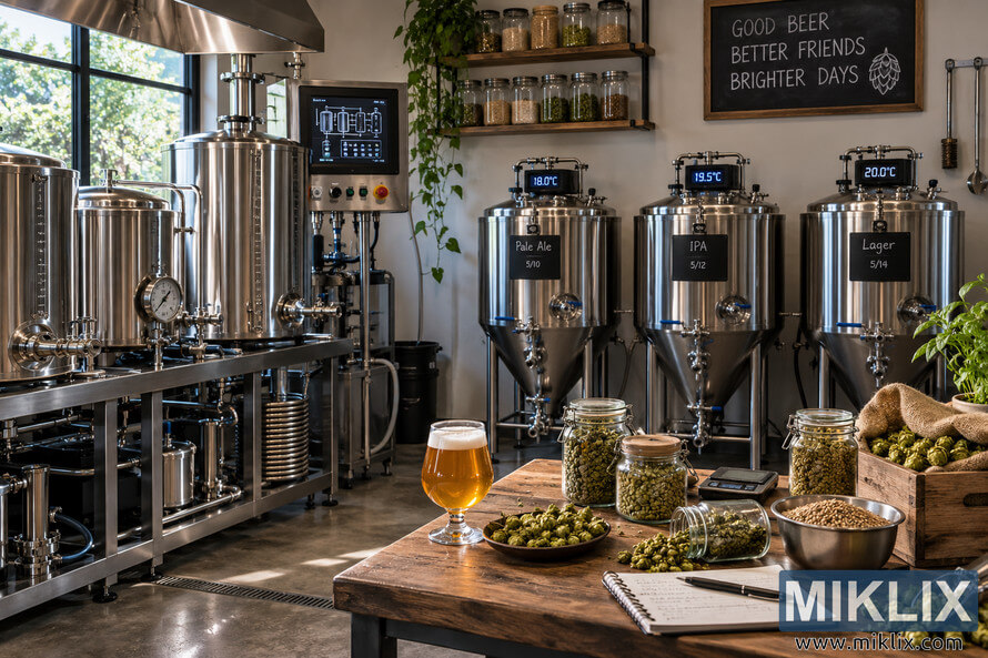 Wide view of an advanced homebrewing workshop with stainless-steel brewing vessels, three temperature-controlled conical fermenters, digital controls, hop-filled glass jars, brewing grain, a scale, recipe notes, and a glass of amber beer on a wooden workbench. Wide view of an advanced homebrewing workshop with stainless-steel brewing vessels, three temperature-controlled conical fermenters, digital controls, hop-filled glass jars, brewing grain, a scale, recipe notes, and a glass of amber beer on a wooden workbench.